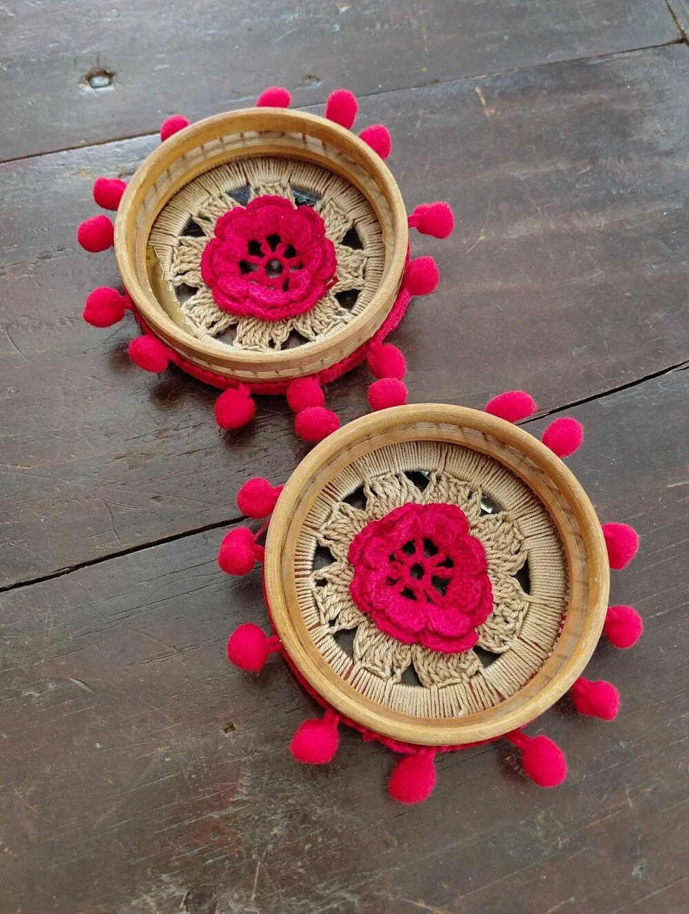 Vintage 70s unique groovy tan wood & red floral boho woven macrame wall art pair